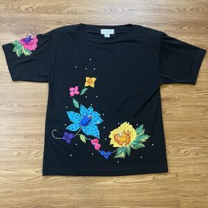 Vtg 80S Lisa Ashley T Shirt Black Sz M Embroidered Beaded Colorful Floral SP Pad